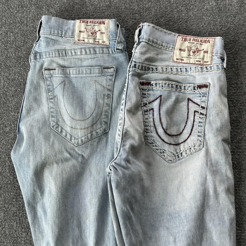 True Religion Ricky Jeans Mens 34x34 Blue Light Wash Straight Lot 2 No Flap
